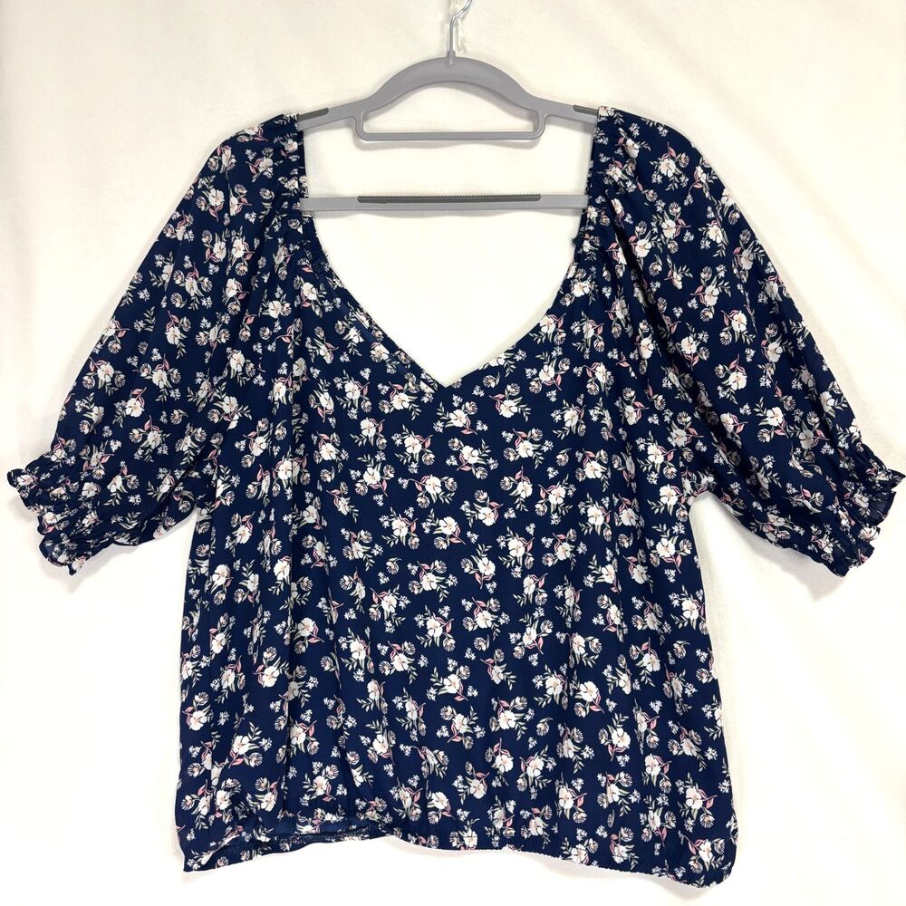 Women's Peasant Blouse Sz L Navy Floral Puff Sleeve Cottage Feminine Career Chic
